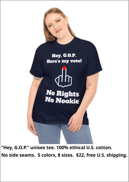 “Hey, G.O.P.” unisex tee. 100% ethical U.S. cotton.  No side seams.  5 colors, 8 sizes.  $22, free U.S. shipping.