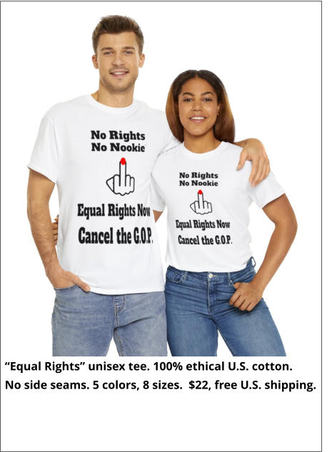 “Equal Rights” unisex tee. 100% ethical U.S. cotton.  No side seams. 5 colors, 8 sizes.  $22, free U.S. shipping.